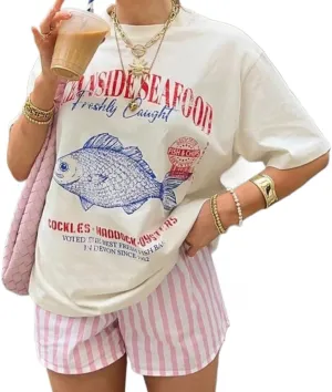 Oversized Beach Streetwear T Shirt Vintage Seafood Graphic Tees Y2k Short Sleeve Shirts Women Preppy Shirts