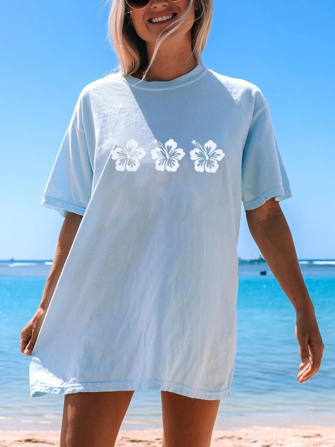 Oversized Graphic Tees for Women Trendy Hibiscus Short Sleeve Shirts Hawaiian Casual Crew Neck Loose Summer Tops