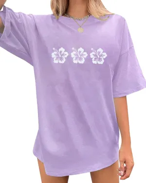 Oversized Graphic Tees for Women Trendy Hibiscus Short Sleeve Shirts Hawaiian Casual Crew Neck Loose Summer Tops