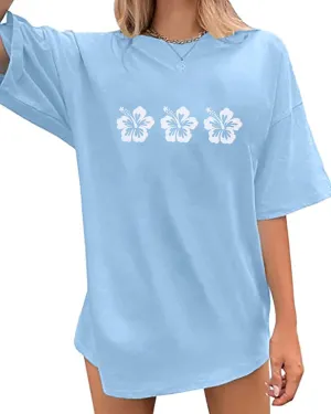 Oversized Graphic Tees for Women Trendy Hibiscus Short Sleeve Shirts Hawaiian Casual Crew Neck Loose Summer Tops