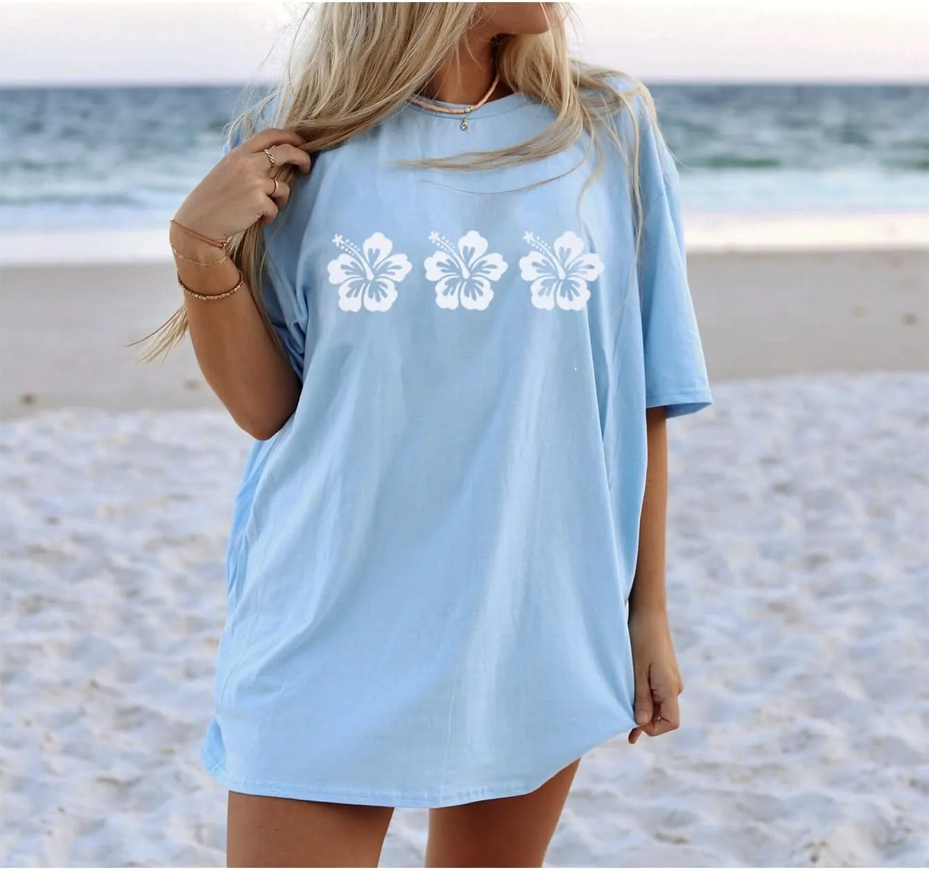 Oversized Graphic Tees for Women Trendy Hibiscus Short Sleeve Shirts Hawaiian Casual Crew Neck Loose Summer Tops