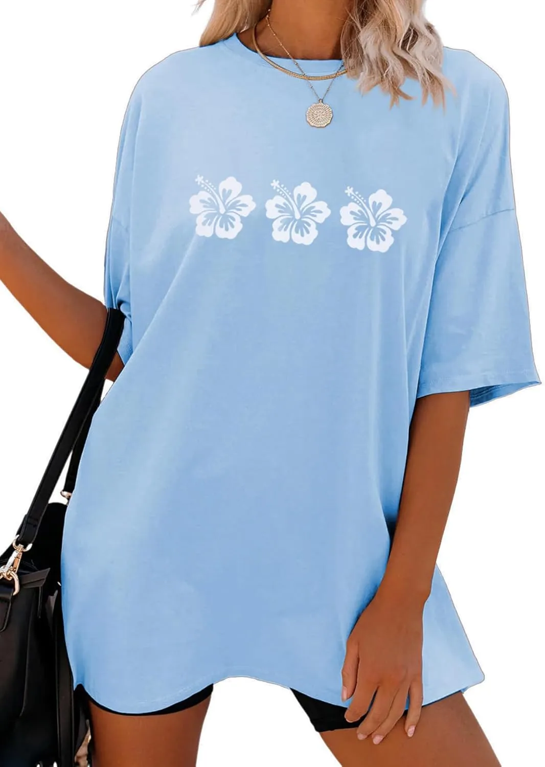 Oversized Graphic Tees for Women Trendy Hibiscus Short Sleeve Shirts Hawaiian Casual Crew Neck Loose Summer Tops