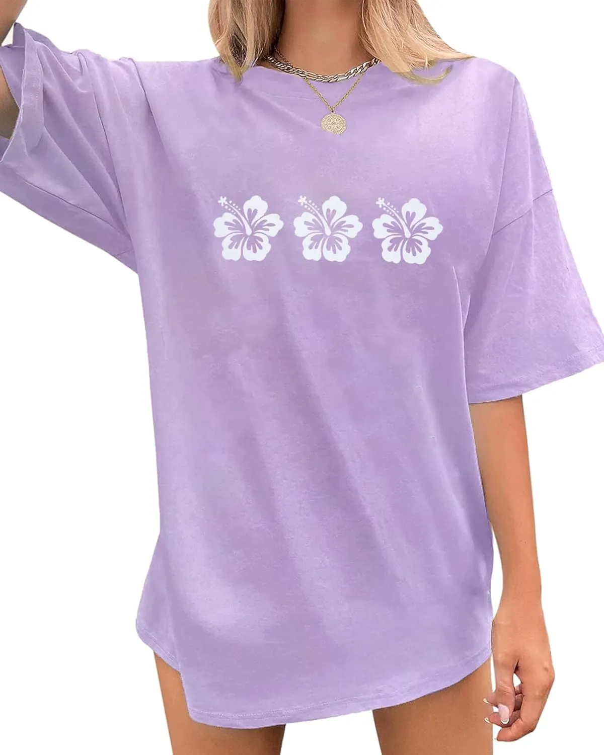 Oversized Graphic Tees for Women Trendy Hibiscus Short Sleeve Shirts Hawaiian Casual Crew Neck Loose Summer Tops
