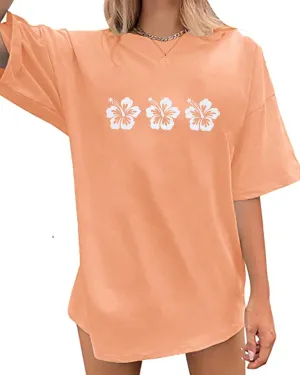 Oversized Graphic Tees for Women Trendy Hibiscus Short Sleeve Shirts Hawaiian Casual Crew Neck Loose Summer Tops