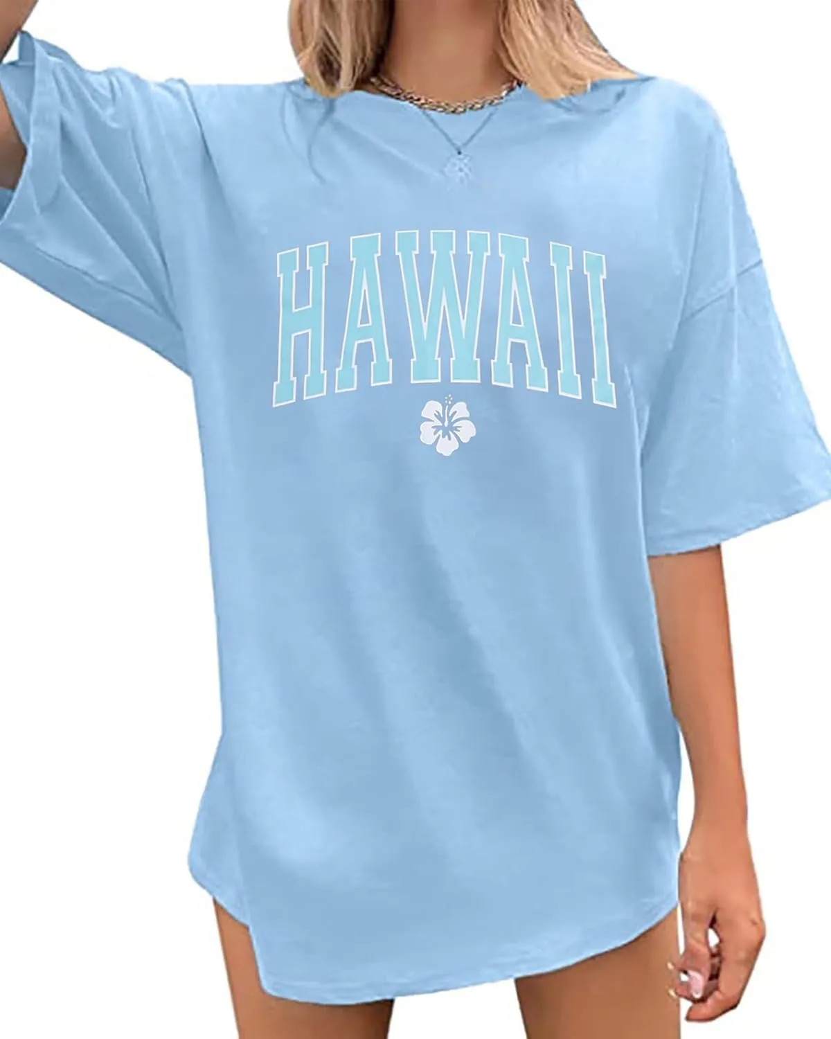 Oversized Graphic Tees for Women Trendy Hibiscus Short Sleeve Shirts Hawaiian Casual Crew Neck Loose Summer Tops