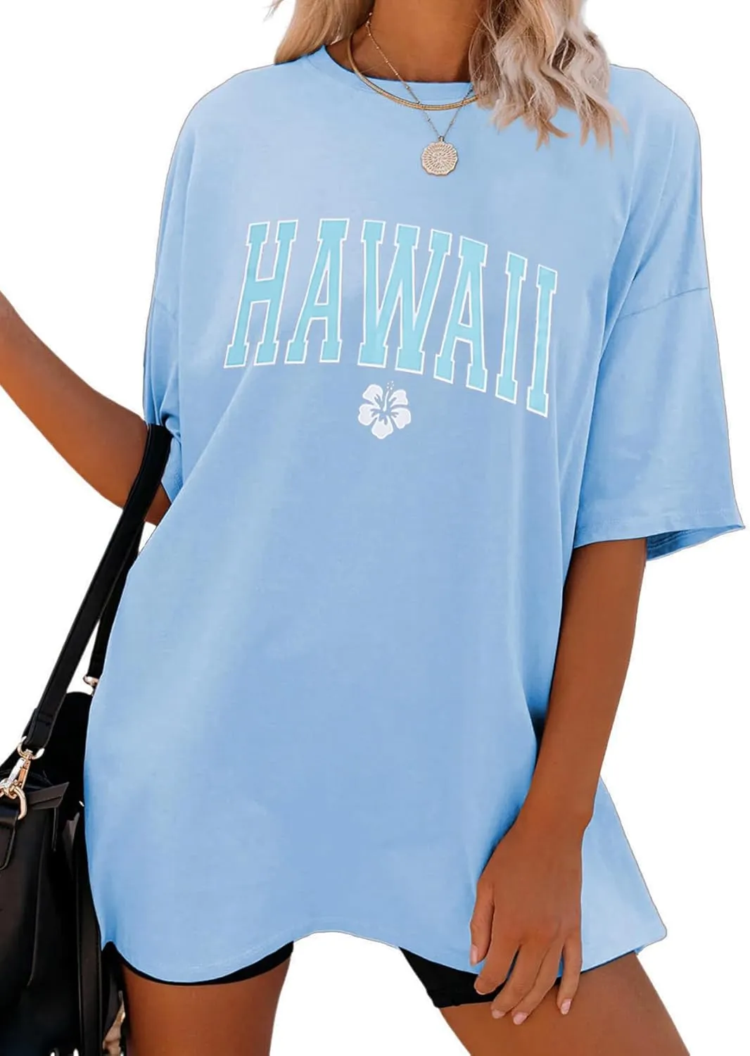 Oversized Graphic Tees for Women Trendy Hibiscus Short Sleeve Shirts Hawaiian Casual Crew Neck Loose Summer Tops