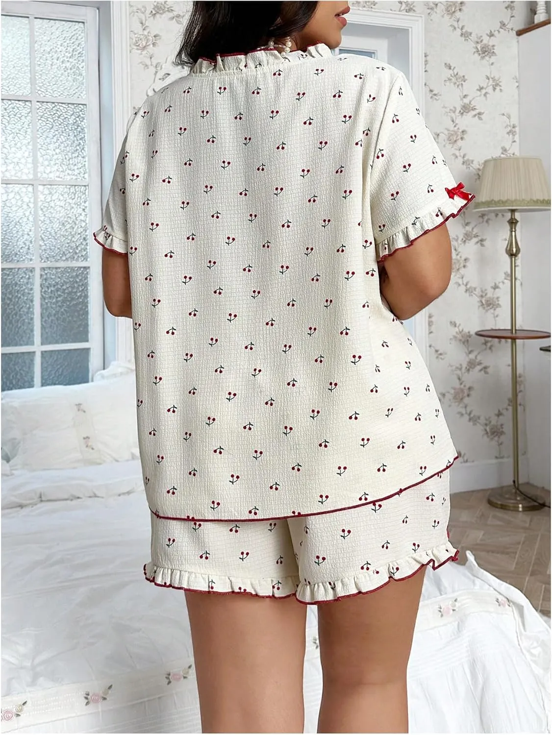 OYOANGLE Women's Plus Size 2 Piece Pajamas Set Graphic Print Button Down Top and Shorts Loungewear