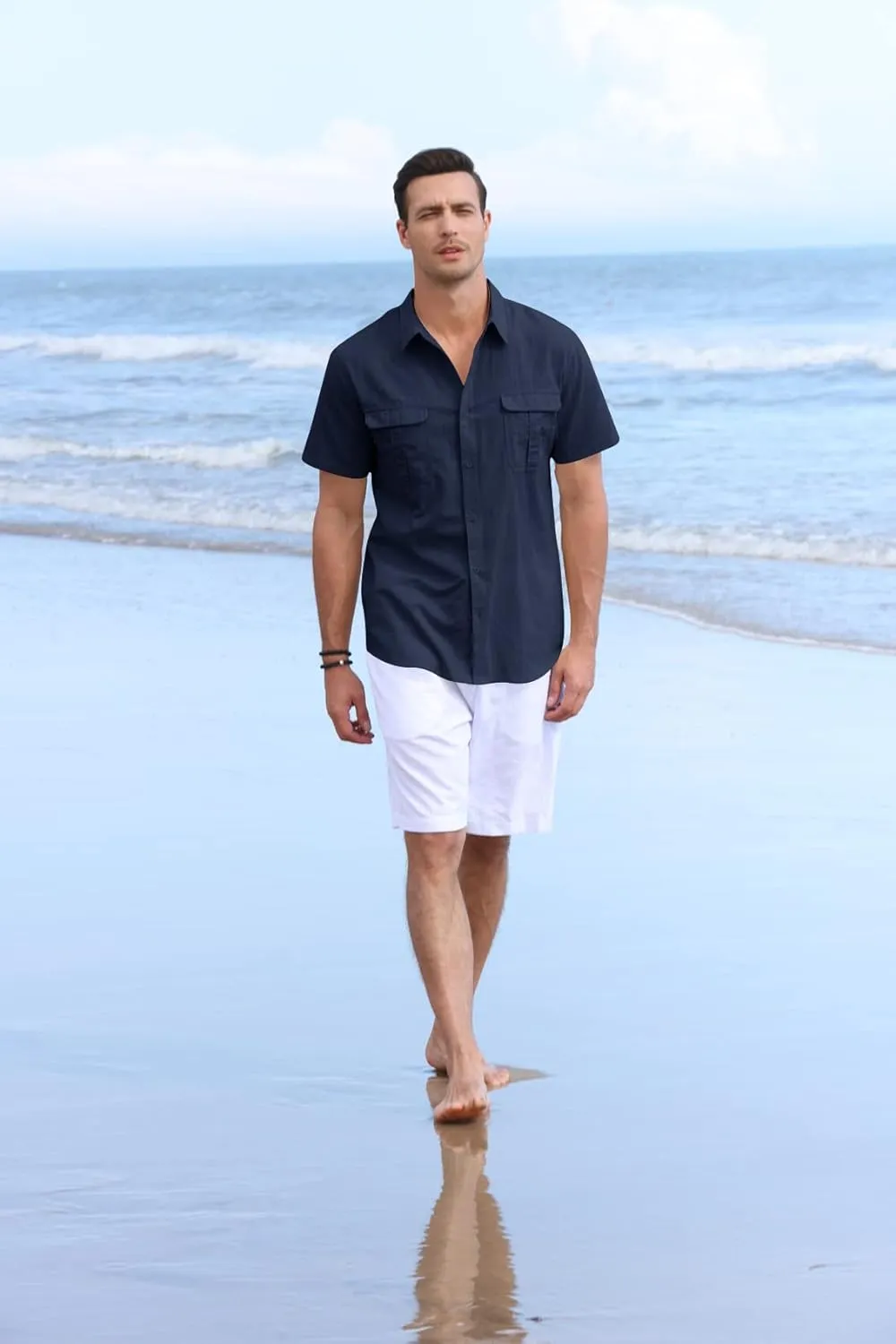 Pengfei Mens Short Sleeve Shirts Linen Cotton Button Down Tees Spread Collar Plain Shirts A-Grey Large