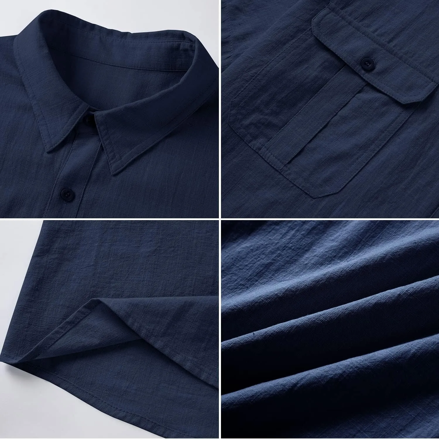 Pengfei Mens Short Sleeve Shirts Linen Cotton Button Down Tees Spread Collar Plain Shirts A-Grey Large