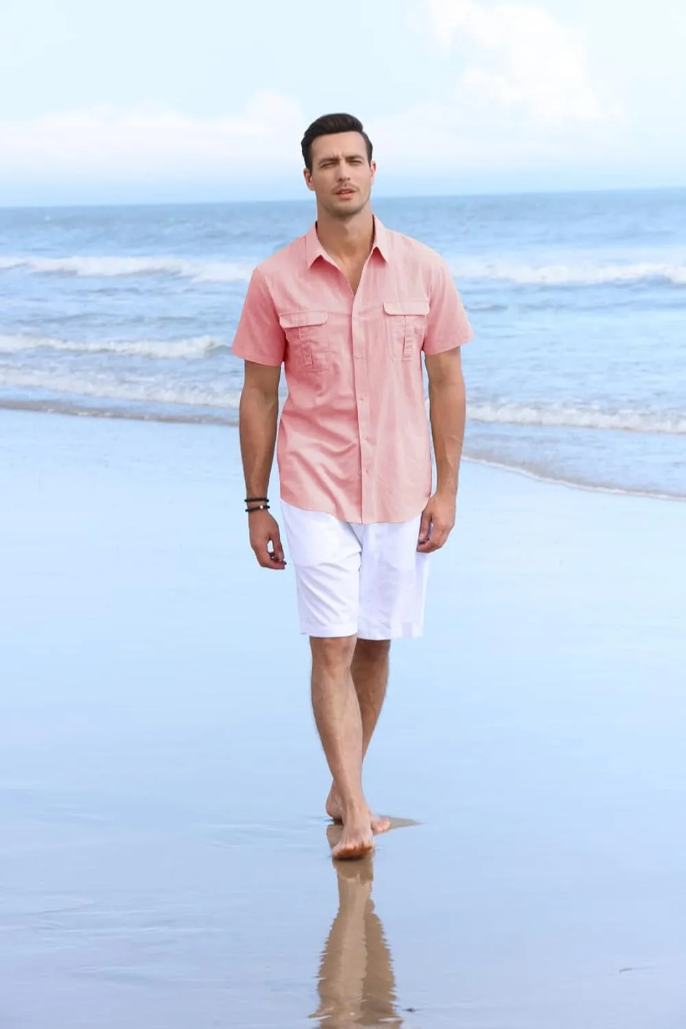 Pengfei Mens Short Sleeve Shirts Linen Cotton Button Down Tees Spread Collar Plain Shirts A-Grey Large