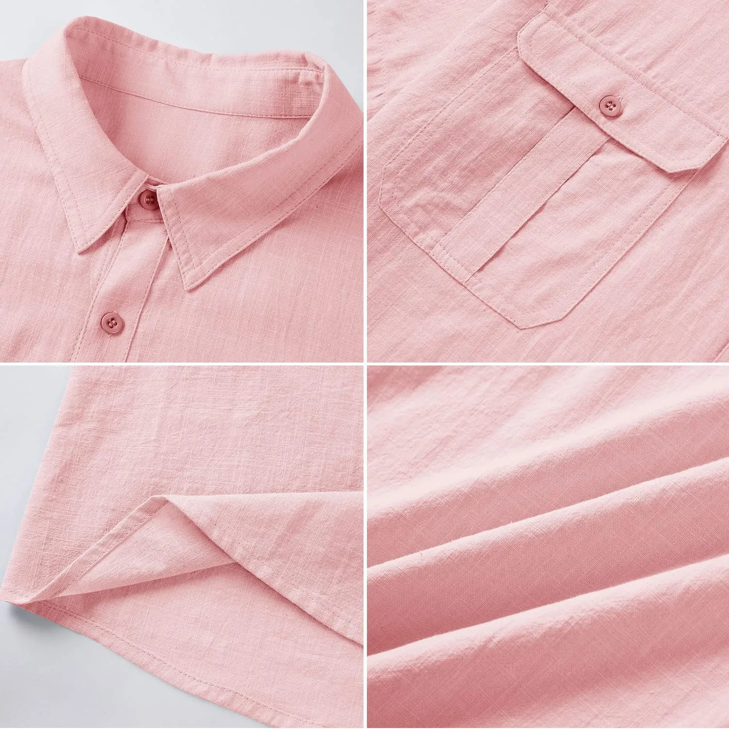 Pengfei Mens Short Sleeve Shirts Linen Cotton Button Down Tees Spread Collar Plain Shirts A-Grey Large