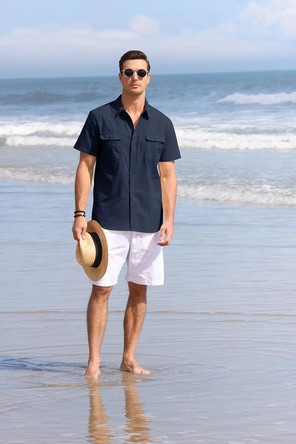 Pengfei Mens Short Sleeve Shirts Linen Cotton Button Down Tees Spread Collar Plain Shirts A-Grey Large