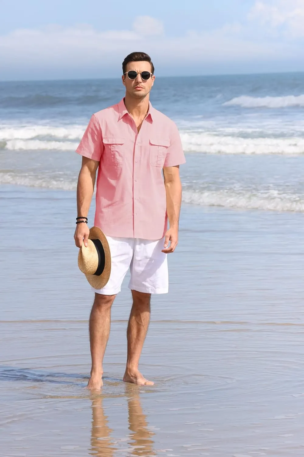 Pengfei Mens Short Sleeve Shirts Linen Cotton Button Down Tees Spread Collar Plain Shirts A-Grey Large