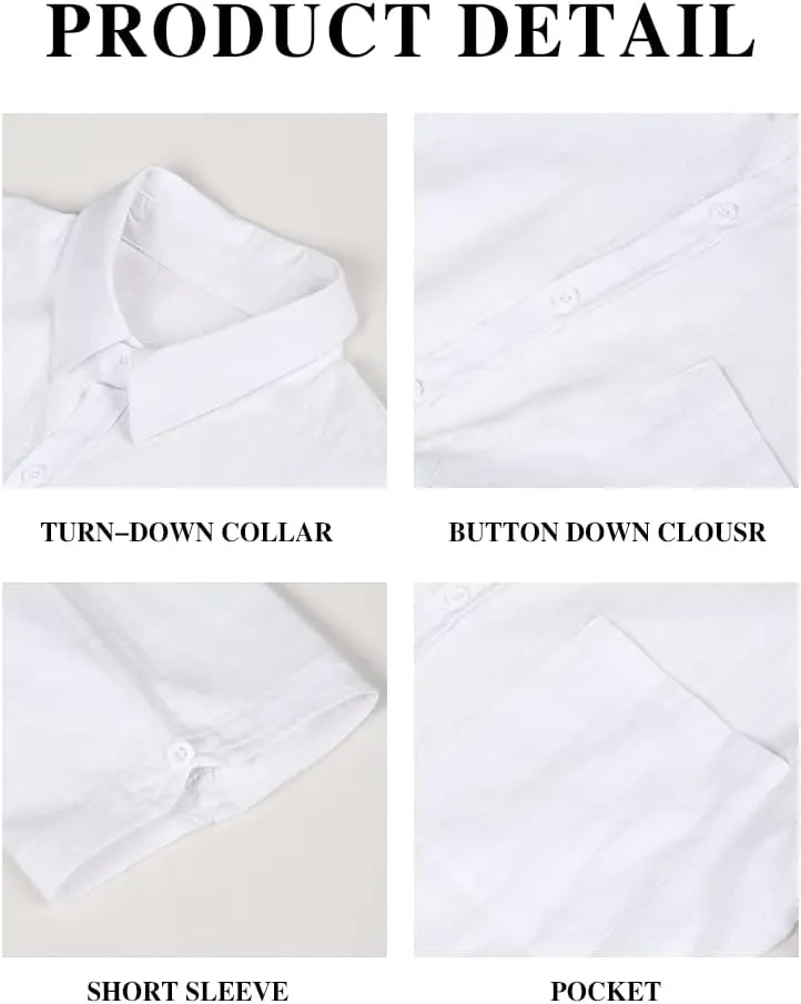 Pengfei Mens Short Sleeve Shirts Linen Cotton Button Down Tees Spread Collar Plain Shirts A-Grey Large