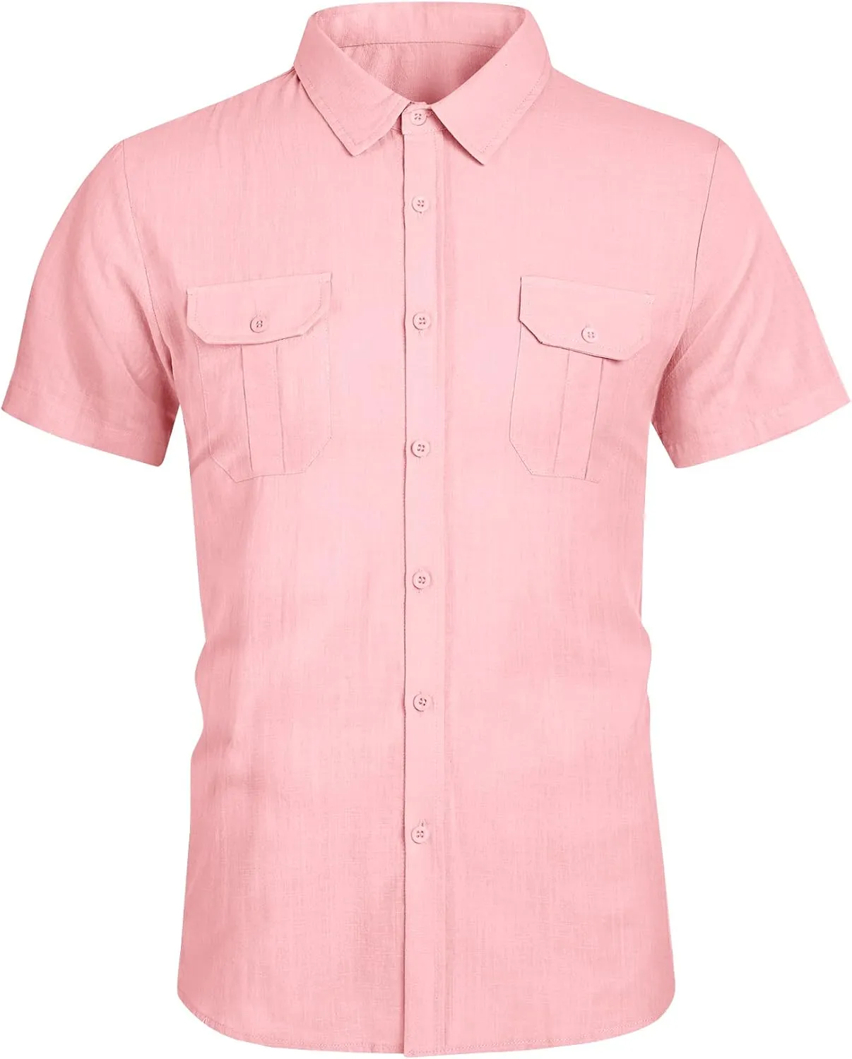 Pengfei Mens Short Sleeve Shirts Linen Cotton Button Down Tees Spread Collar Plain Shirts A-Grey Large