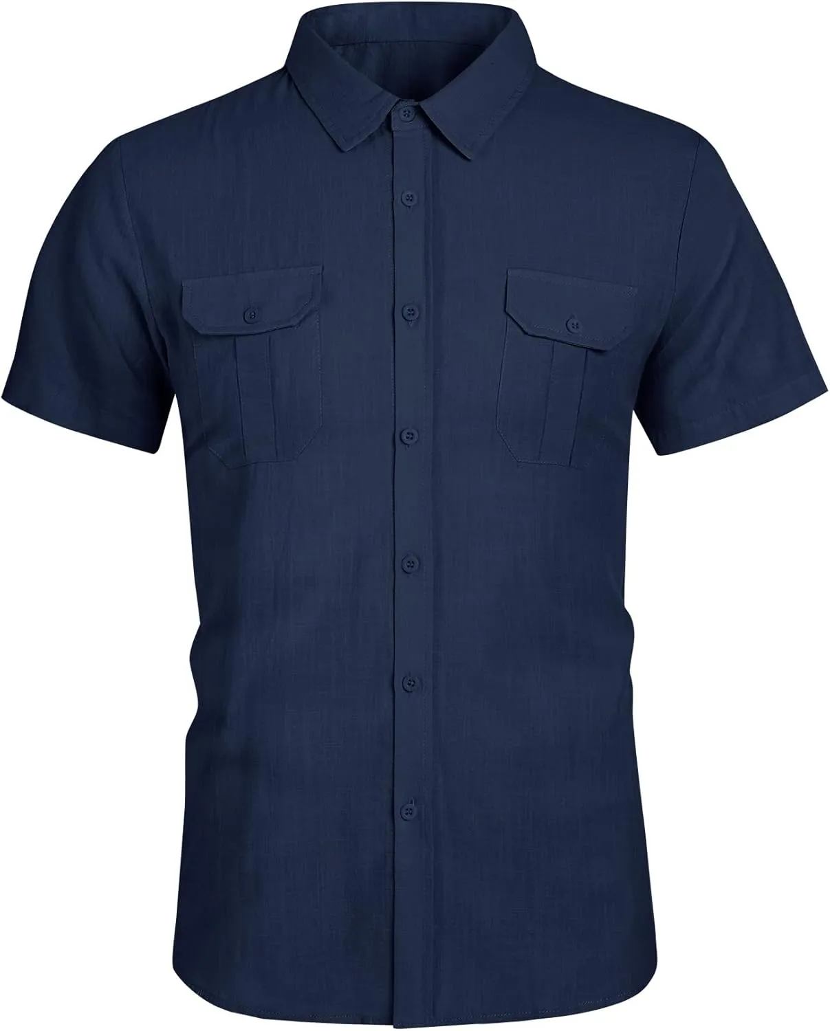 Pengfei Mens Short Sleeve Shirts Linen Cotton Button Down Tees Spread Collar Plain Shirts A-Grey Large