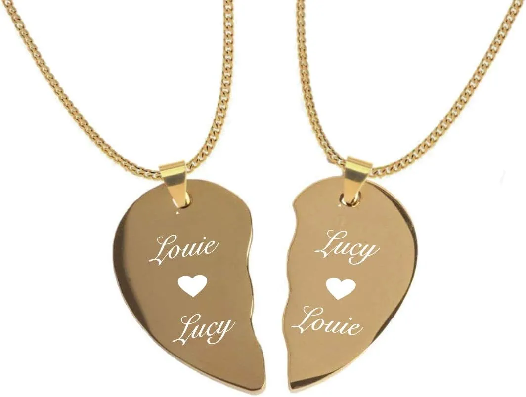 Personalized Extra Small Gold Stainless Steel Couple's Broken Heart Necklace Pendant Set Custom Engraved Free - Ships from USA