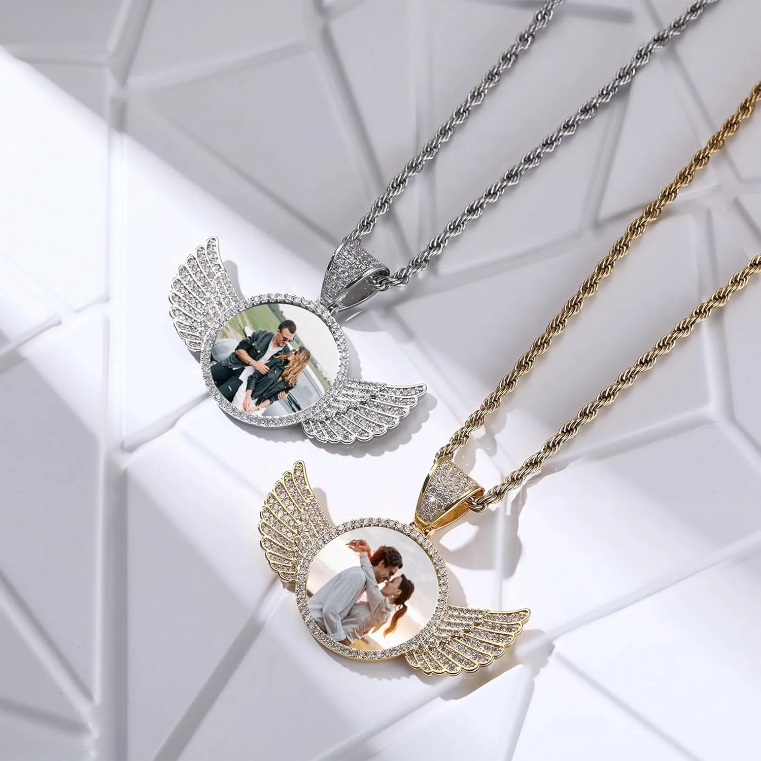 Personalized Hip Hop Necklace for Men Women Custom Angel Wing Necklace Customized Memorial Necklace with Picture Inside/Text Personalized Photo Pendant Necklace Gifts