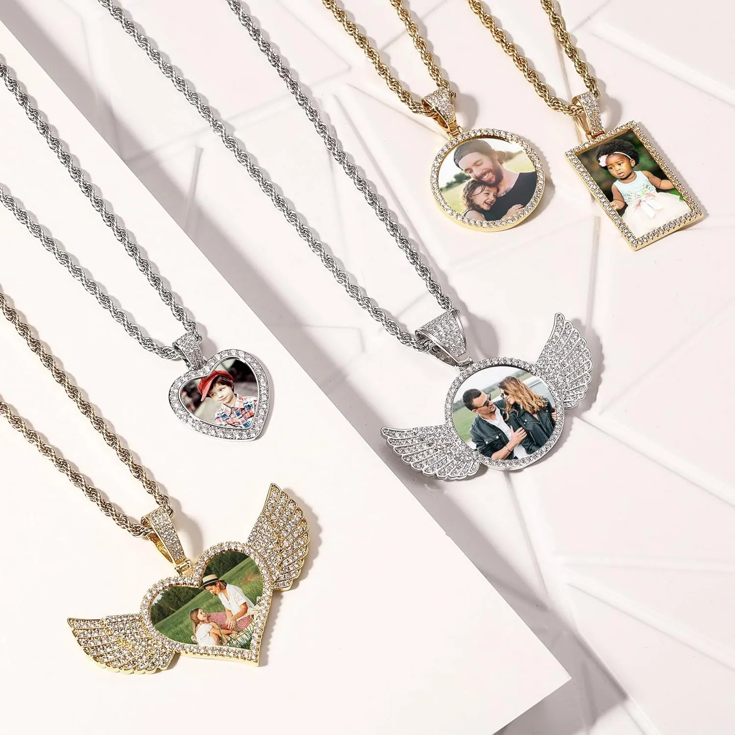 Personalized Hip Hop Necklace for Men Women Custom Angel Wing Necklace Customized Memorial Necklace with Picture Inside/Text Personalized Photo Pendant Necklace Gifts