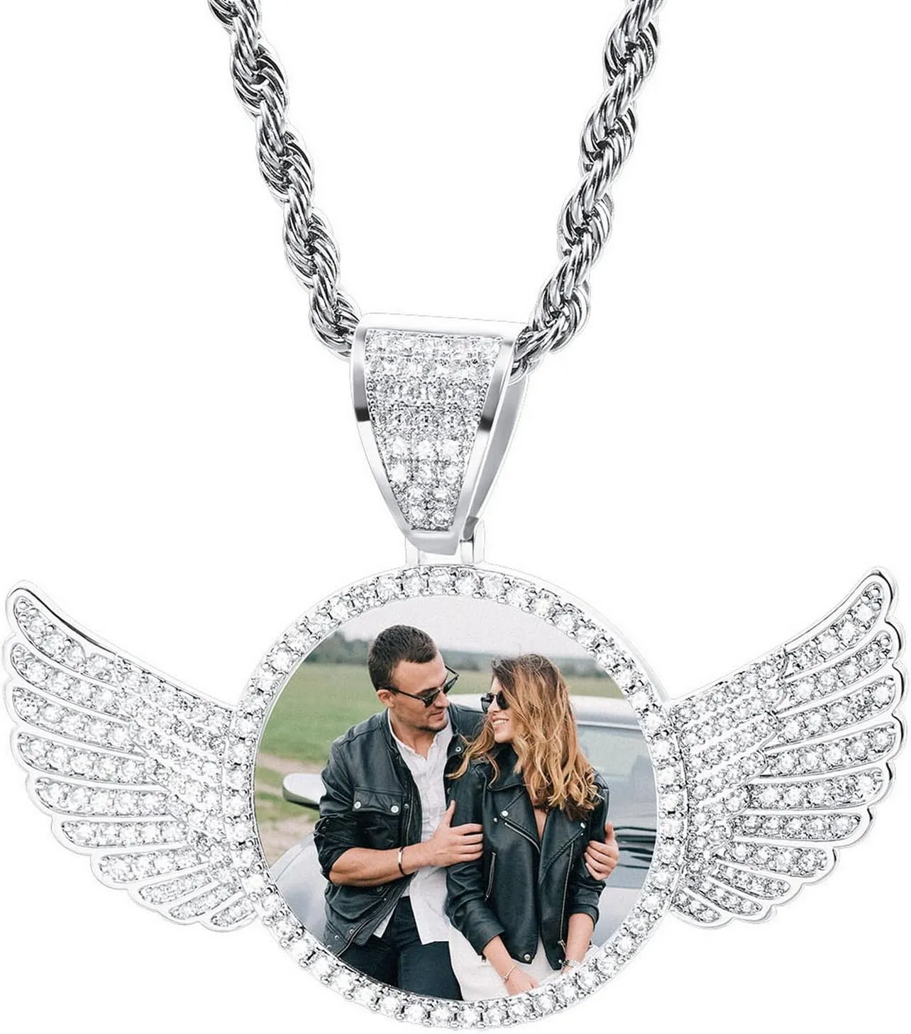 Personalized Hip Hop Necklace for Men Women Custom Angel Wing Necklace Customized Memorial Necklace with Picture Inside/Text Personalized Photo Pendant Necklace Gifts