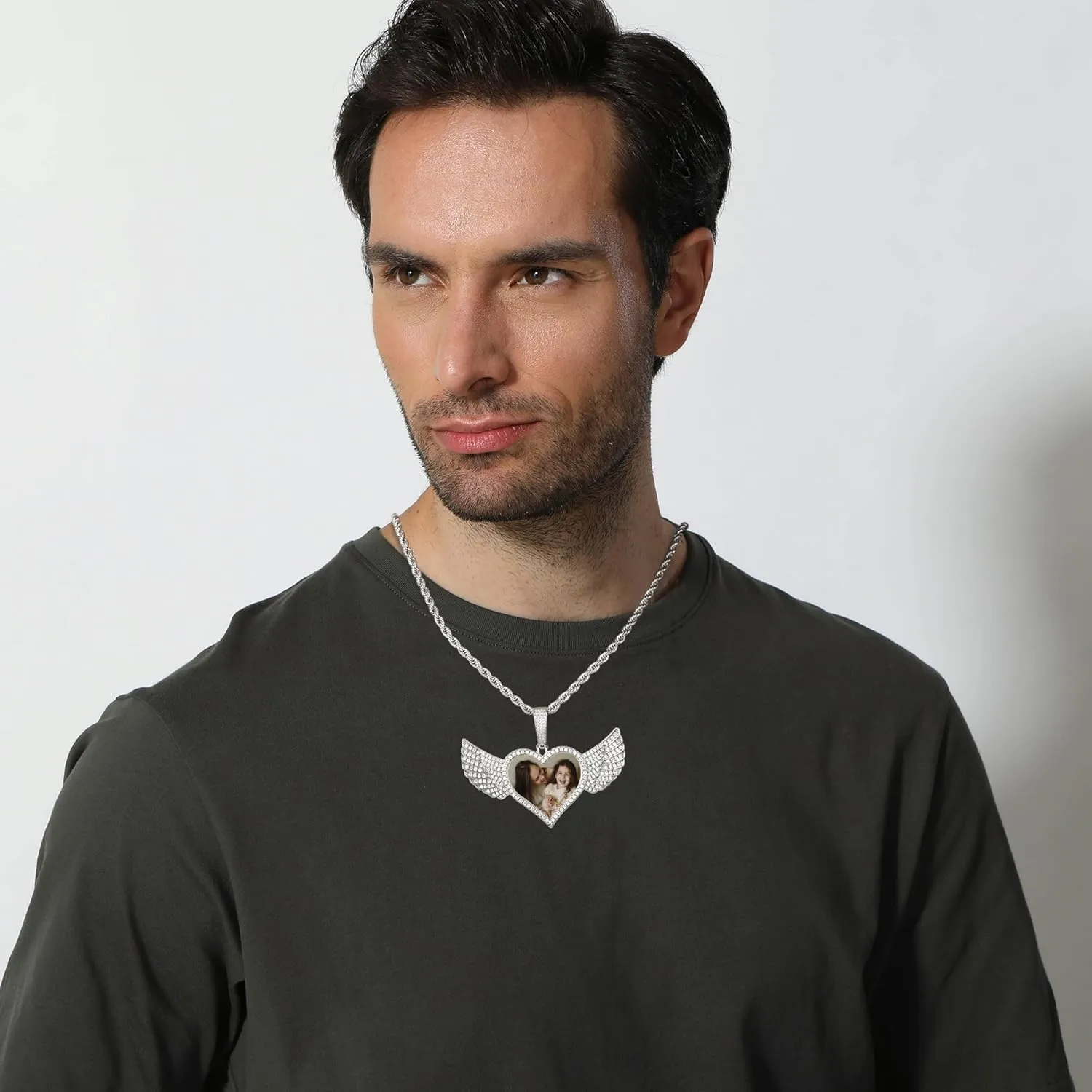 Personalized Hip Hop Necklace for Men Women Custom Angel Wing Necklace Customized Memorial Necklace with Picture Inside/Text Personalized Photo Pendant Necklace Gifts