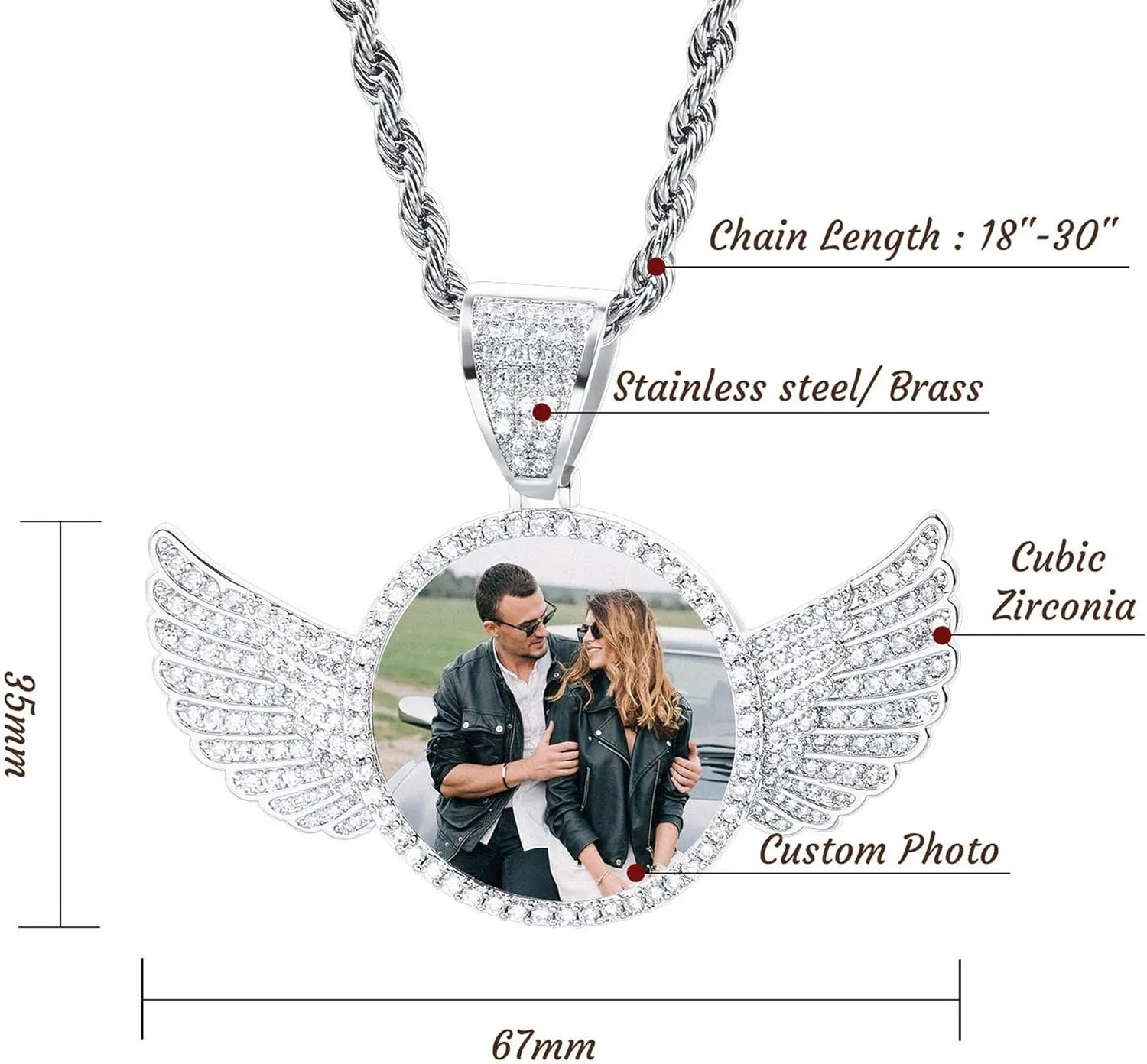 Personalized Hip Hop Necklace for Men Women Custom Angel Wing Necklace Customized Memorial Necklace with Picture Inside/Text Personalized Photo Pendant Necklace Gifts