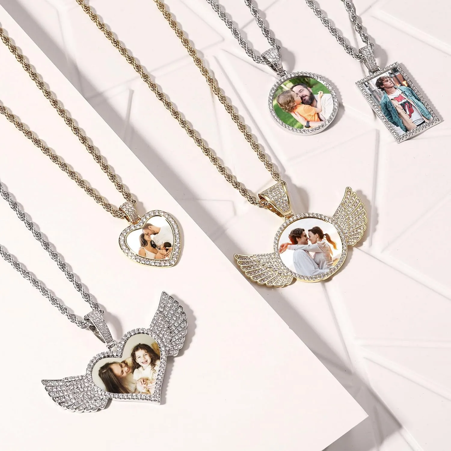 Personalized Hip Hop Necklace for Men Women Custom Angel Wing Necklace Customized Memorial Necklace with Picture Inside/Text Personalized Photo Pendant Necklace Gifts