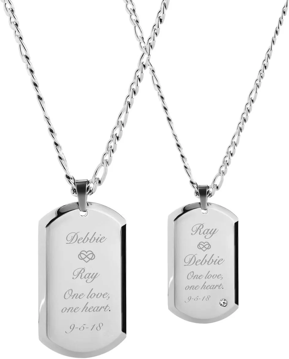 Personalized Stainless Steel His & Hers Dog Tag Necklace Pendant Set With Cubic Zirconia Custom Engraved Free - Ships from USA