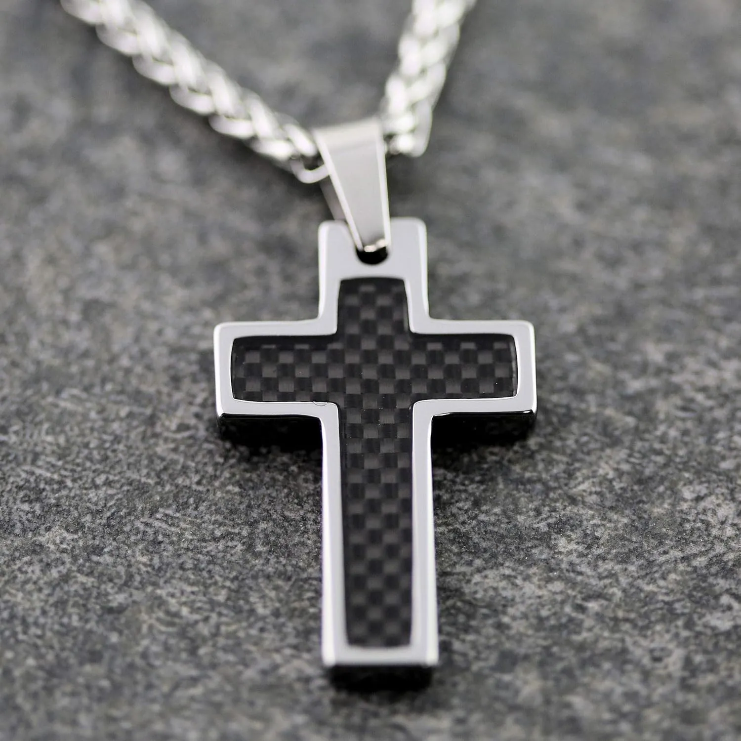 Personalized Tungsten Cross Gold Plated, Black Plated or Polished with Different Inlays and Stainless Steel Cuban necklace 16" to 28" in length
