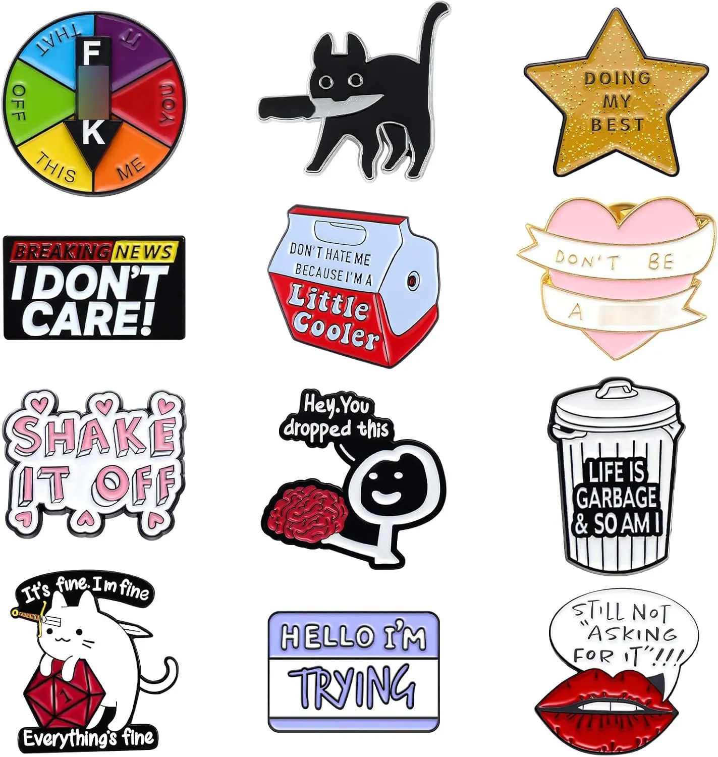 Pibupibu 12 Pack Fun Enamel Pins for Backpacks Jacket Lapel Hat Bag Cool Pins Set, Novelty Mood Funny Cheap Art Brooches Accessories Gifts