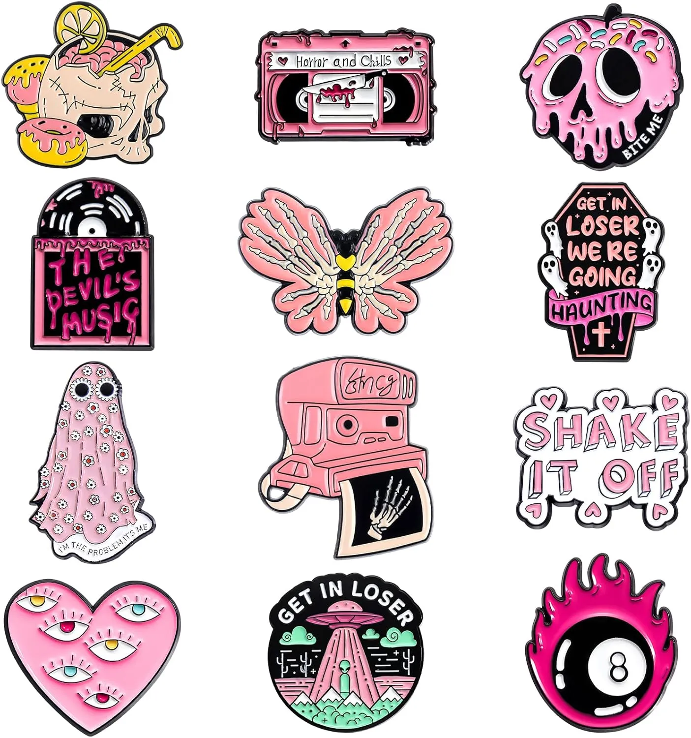 Pibupibu 12 Pack Pink Enamel Pins for Backpacks Jacket Lapel Hat Bag Cool Pins Set, Novelty Cute Funny Cheap Art Brooches Accessories Gifts