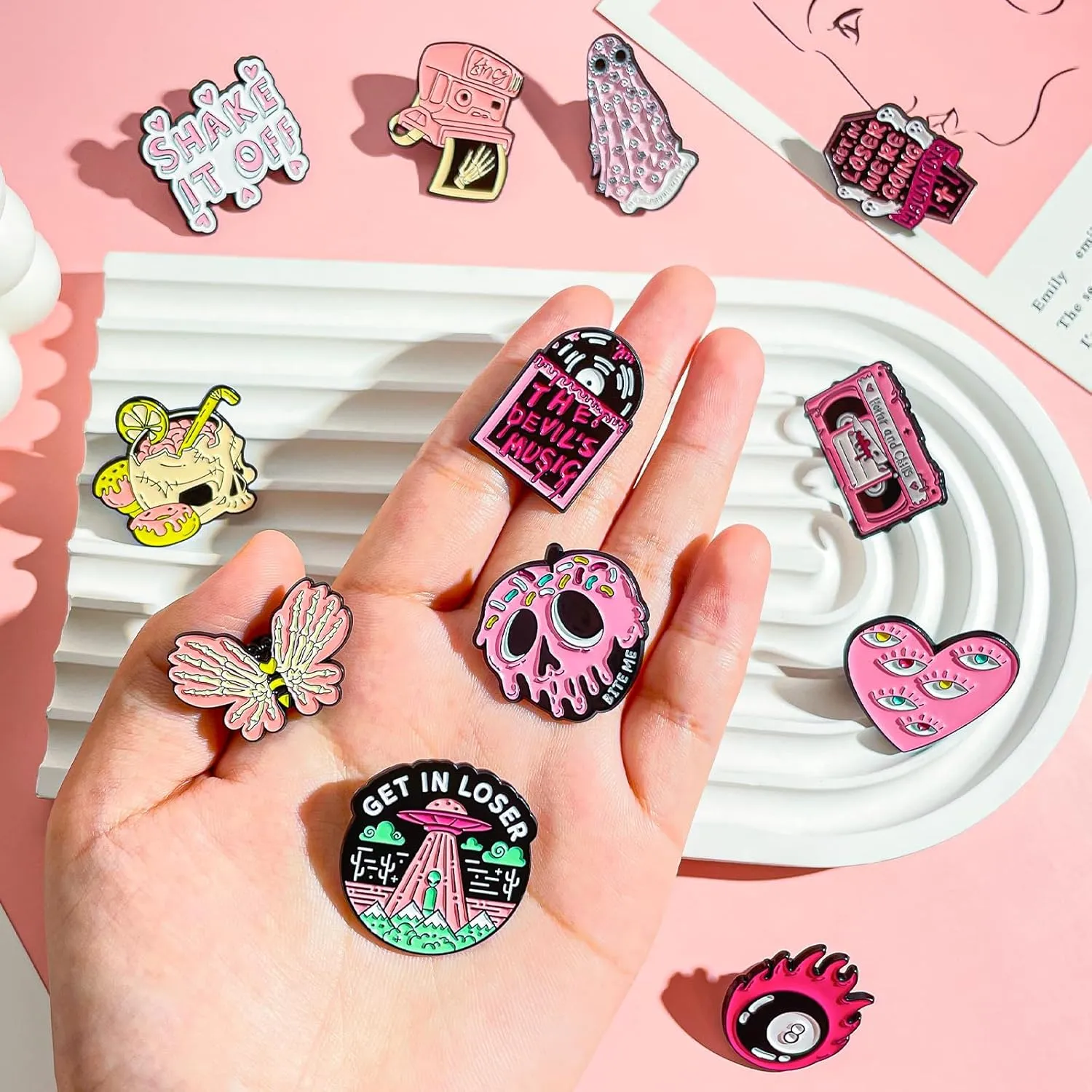 Pibupibu 12 Pack Pink Enamel Pins for Backpacks Jacket Lapel Hat Bag Cool Pins Set, Novelty Cute Funny Cheap Art Brooches Accessories Gifts