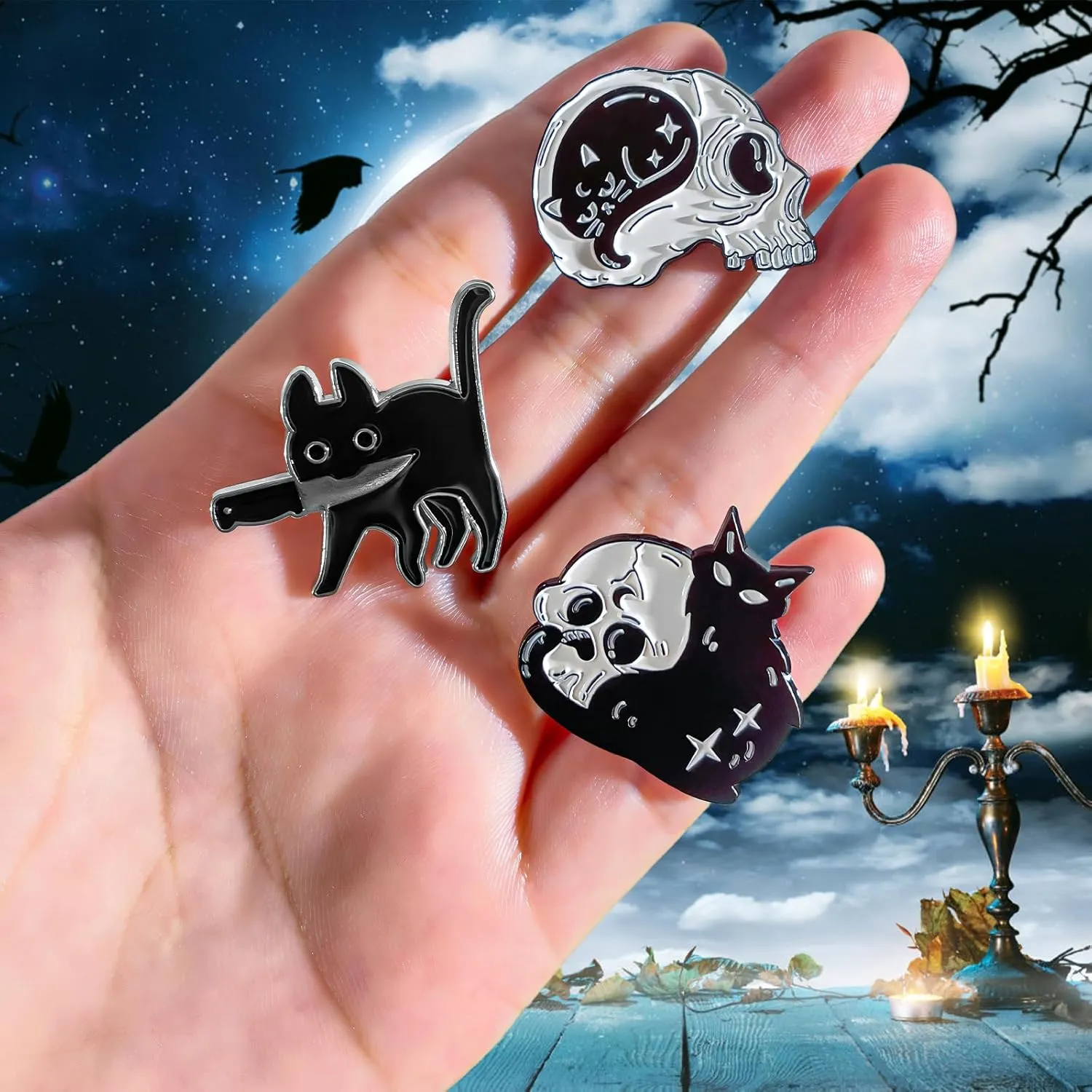 Pibupibu 7 Pack Halloween Black Cat Enamel Pins Funny Skeletons Cat Knit Pins for Jacket Backpacks (Black Cat Holding Knife)