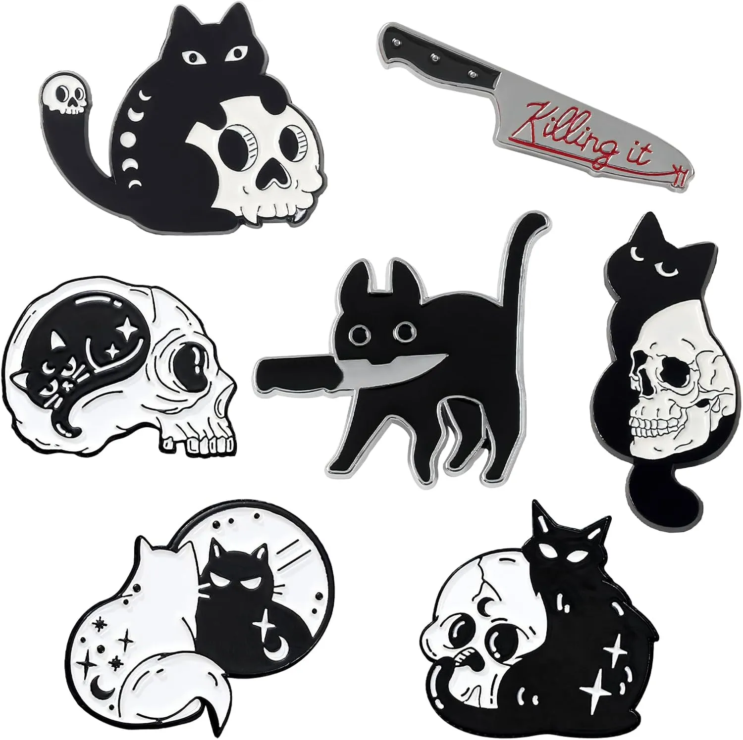 Pibupibu 7 Pack Halloween Black Cat Enamel Pins Funny Skeletons Cat Knit Pins for Jacket Backpacks (Black Cat Holding Knife)