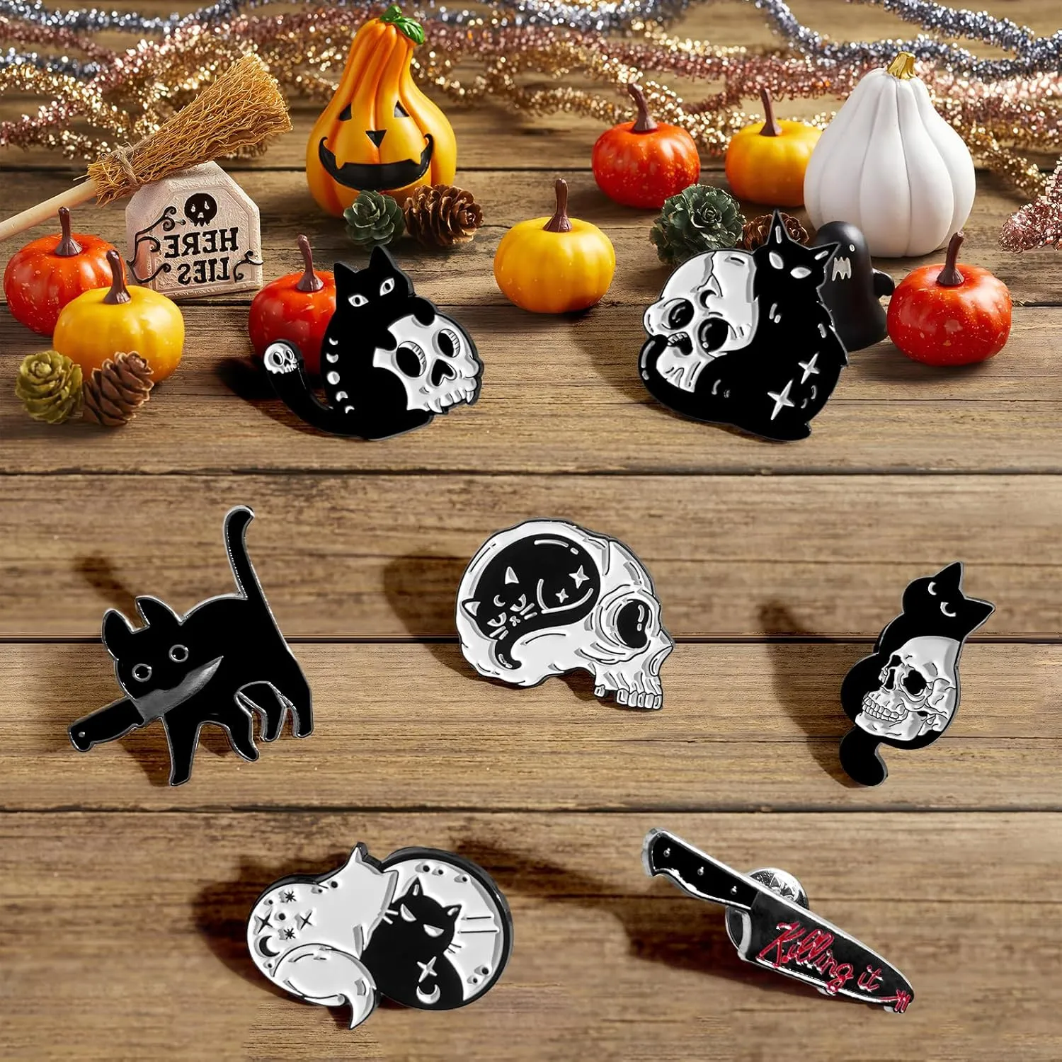 Pibupibu 7 Pack Halloween Black Cat Enamel Pins Funny Skeletons Cat Knit Pins for Jacket Backpacks (Black Cat Holding Knife)