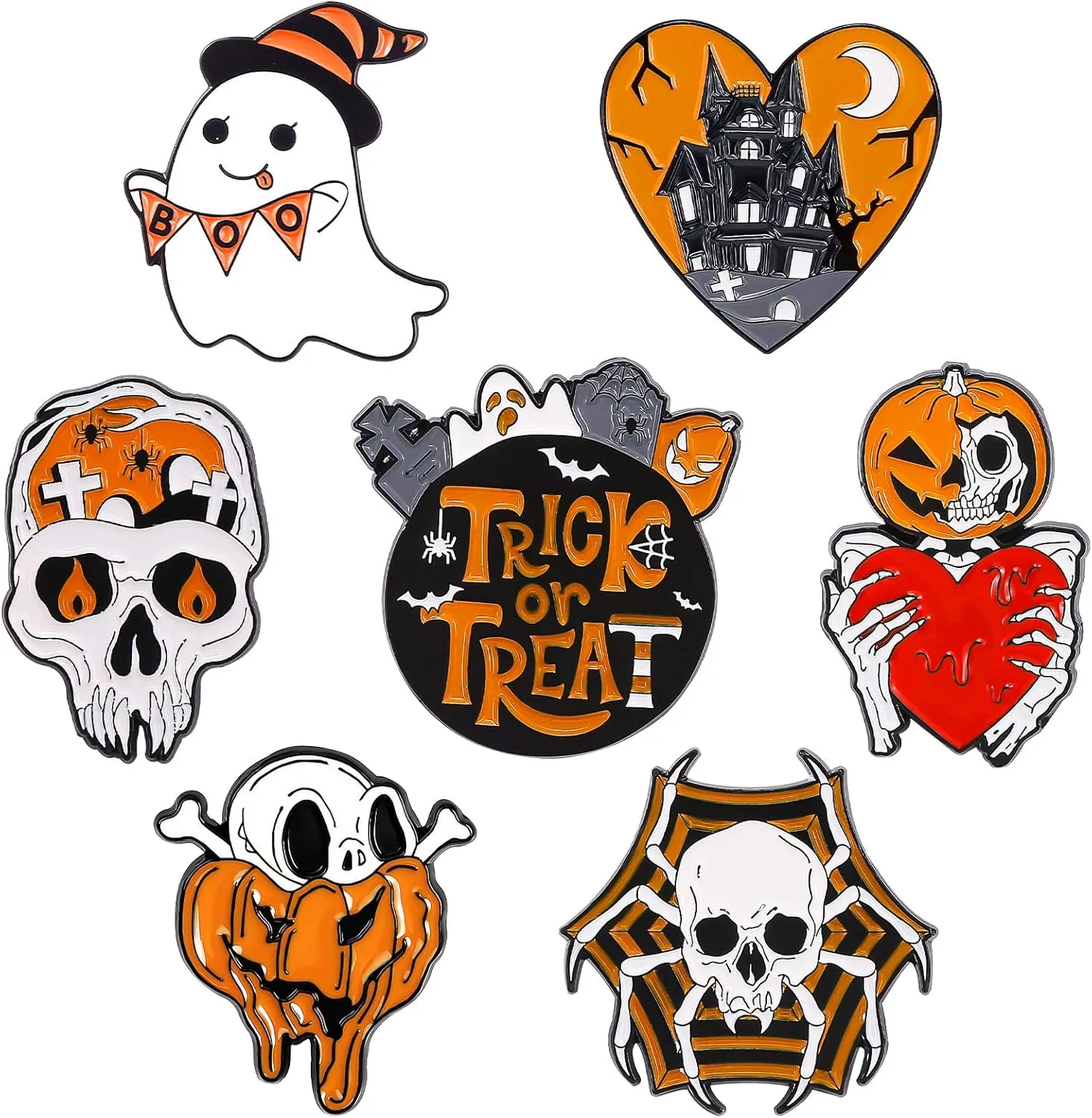 Pibupibu 7 Pack Halloween Enamel Pins Ghosts Skeletons Pumpkins Spiders Halloween Pins Brooches for Jacket Backpacks (Trick or Treat)
