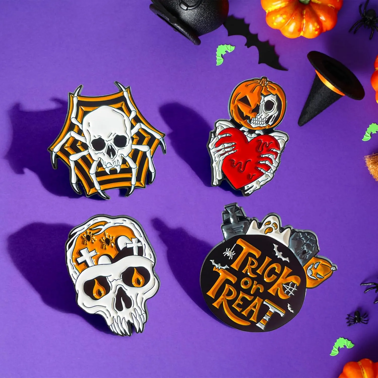 Pibupibu 7 Pack Halloween Enamel Pins Ghosts Skeletons Pumpkins Spiders Halloween Pins Brooches for Jacket Backpacks (Trick or Treat)