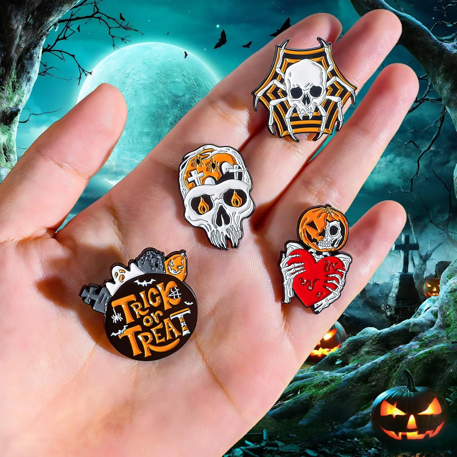 Pibupibu 7 Pack Halloween Enamel Pins Ghosts Skeletons Pumpkins Spiders Halloween Pins Brooches for Jacket Backpacks (Trick or Treat)