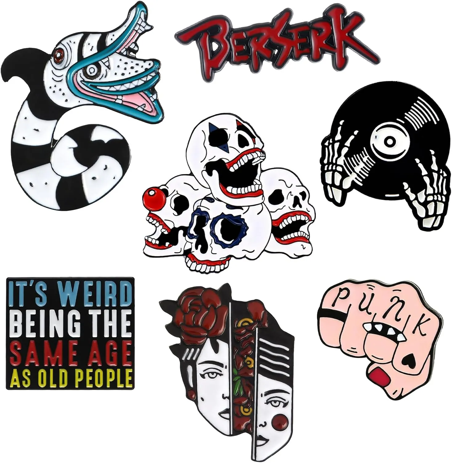 Pibupibu 7 Pack Punk Enamel Pins Funny Skeletons Snake Pins for Jacket Backpacks (Berserk)