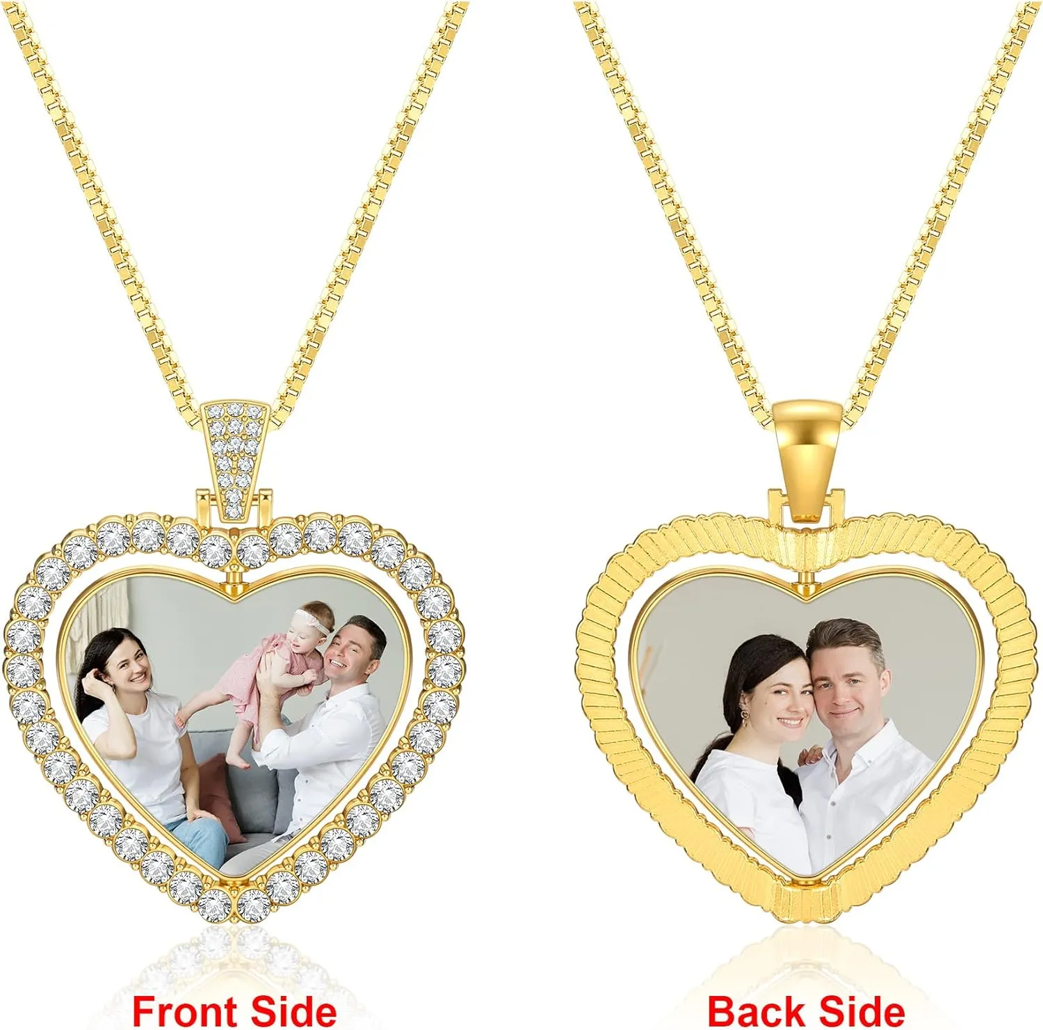 PiercingJ Customized Double-Side Photo Necklace Custom Picture Pendant Chain Personalized Cubic Zirconia Hip Hop Jewelry Gift for Men Women with Gift Box