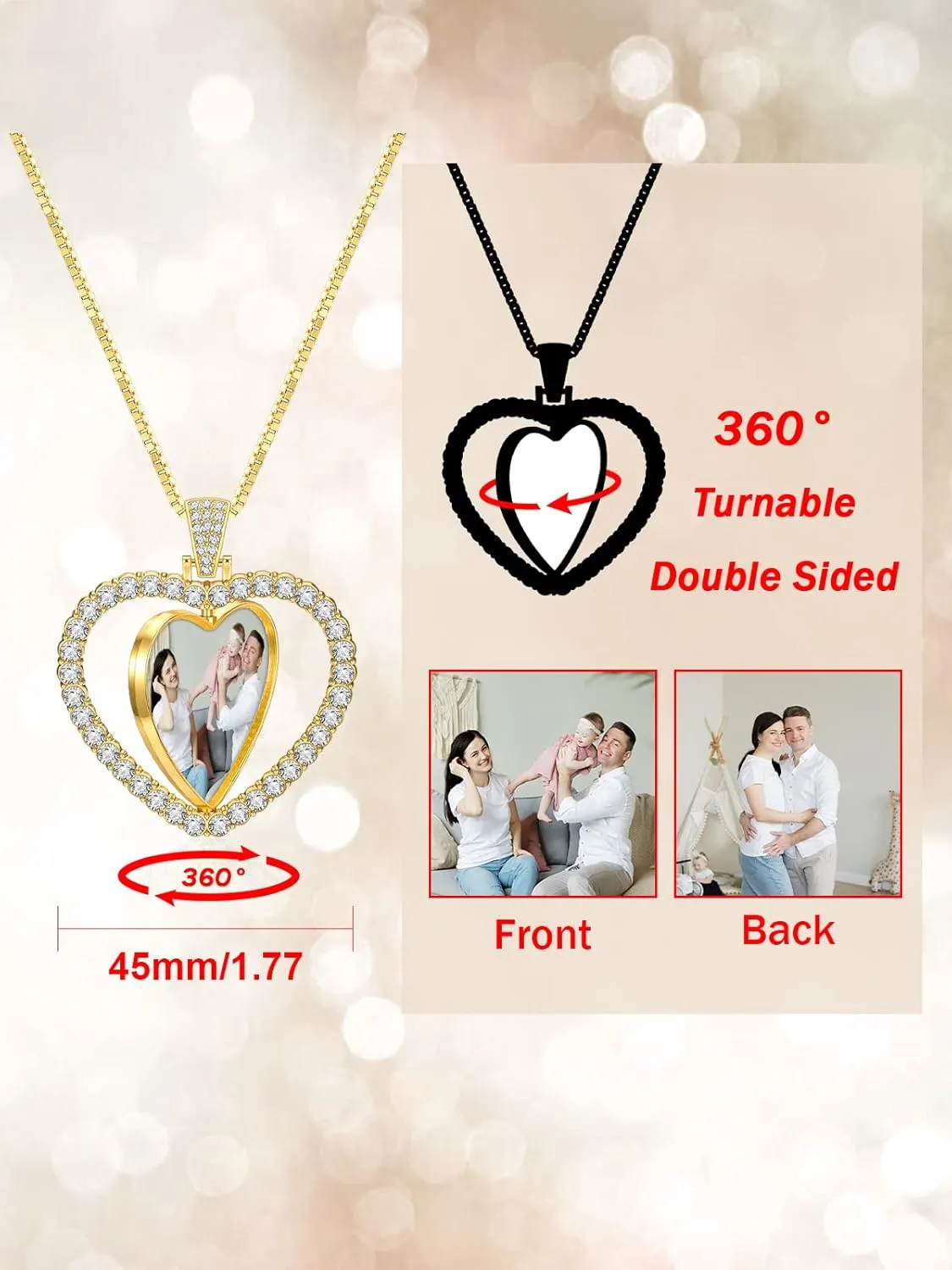 PiercingJ Customized Double-Side Photo Necklace Custom Picture Pendant Chain Personalized Cubic Zirconia Hip Hop Jewelry Gift for Men Women with Gift Box