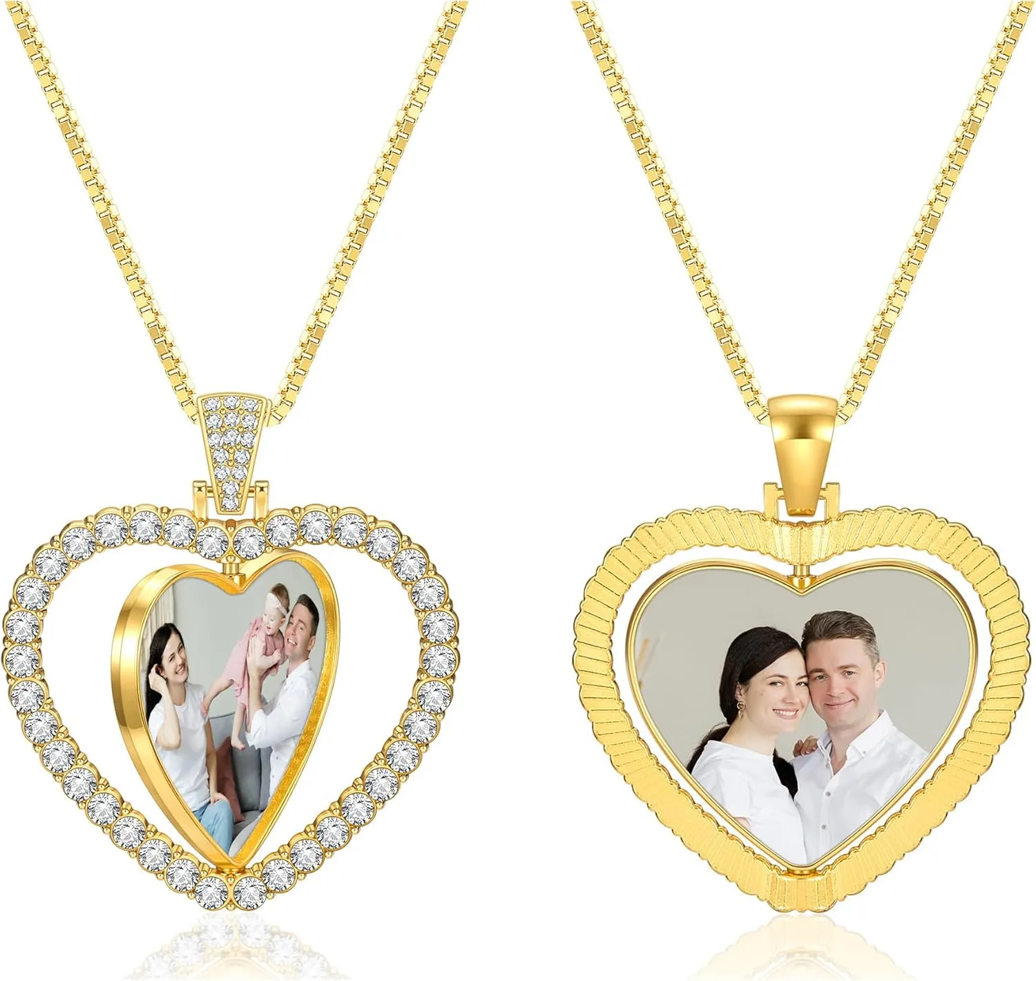 PiercingJ Customized Double-Side Photo Necklace Custom Picture Pendant Chain Personalized Cubic Zirconia Hip Hop Jewelry Gift for Men Women with Gift Box