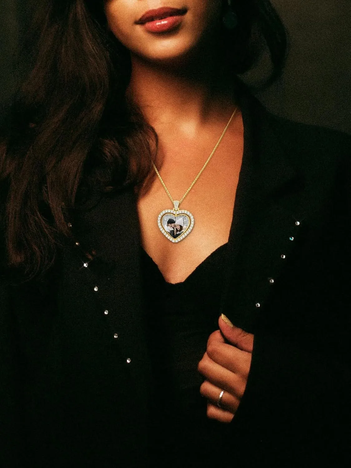 PiercingJ Customized Double-Side Photo Necklace Custom Picture Pendant Chain Personalized Cubic Zirconia Hip Hop Jewelry Gift for Men Women with Gift Box