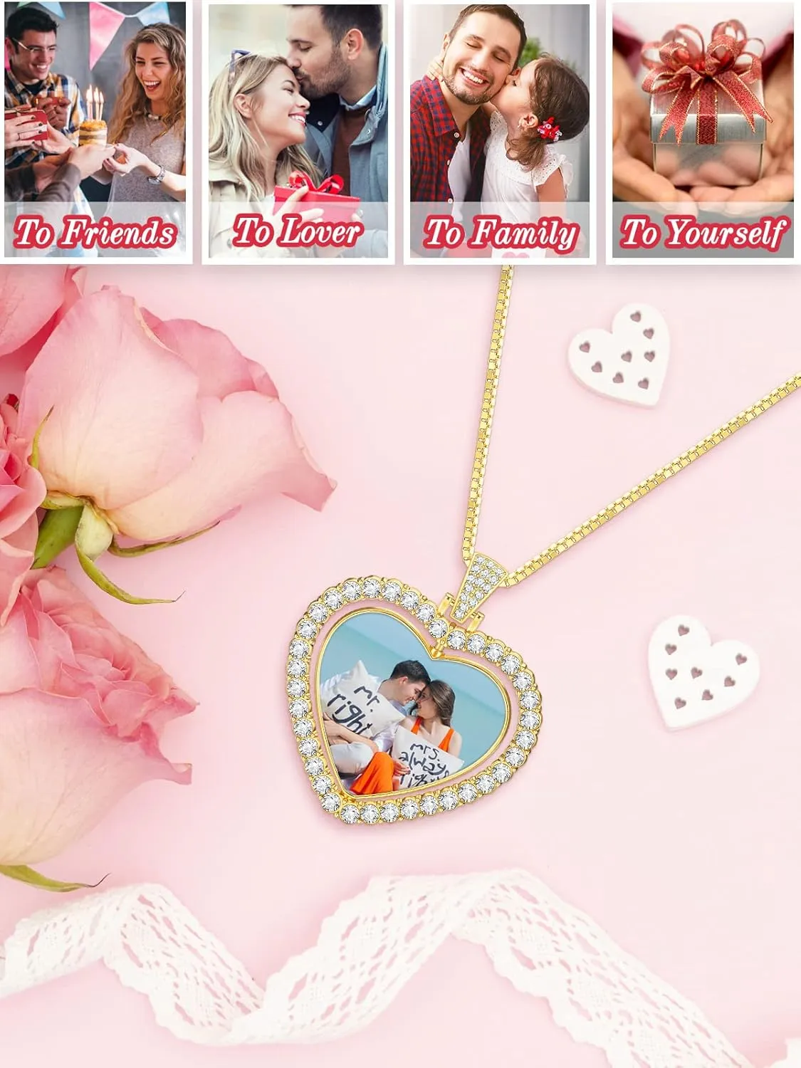 PiercingJ Customized Double-Side Photo Necklace Custom Picture Pendant Chain Personalized Cubic Zirconia Hip Hop Jewelry Gift for Men Women with Gift Box