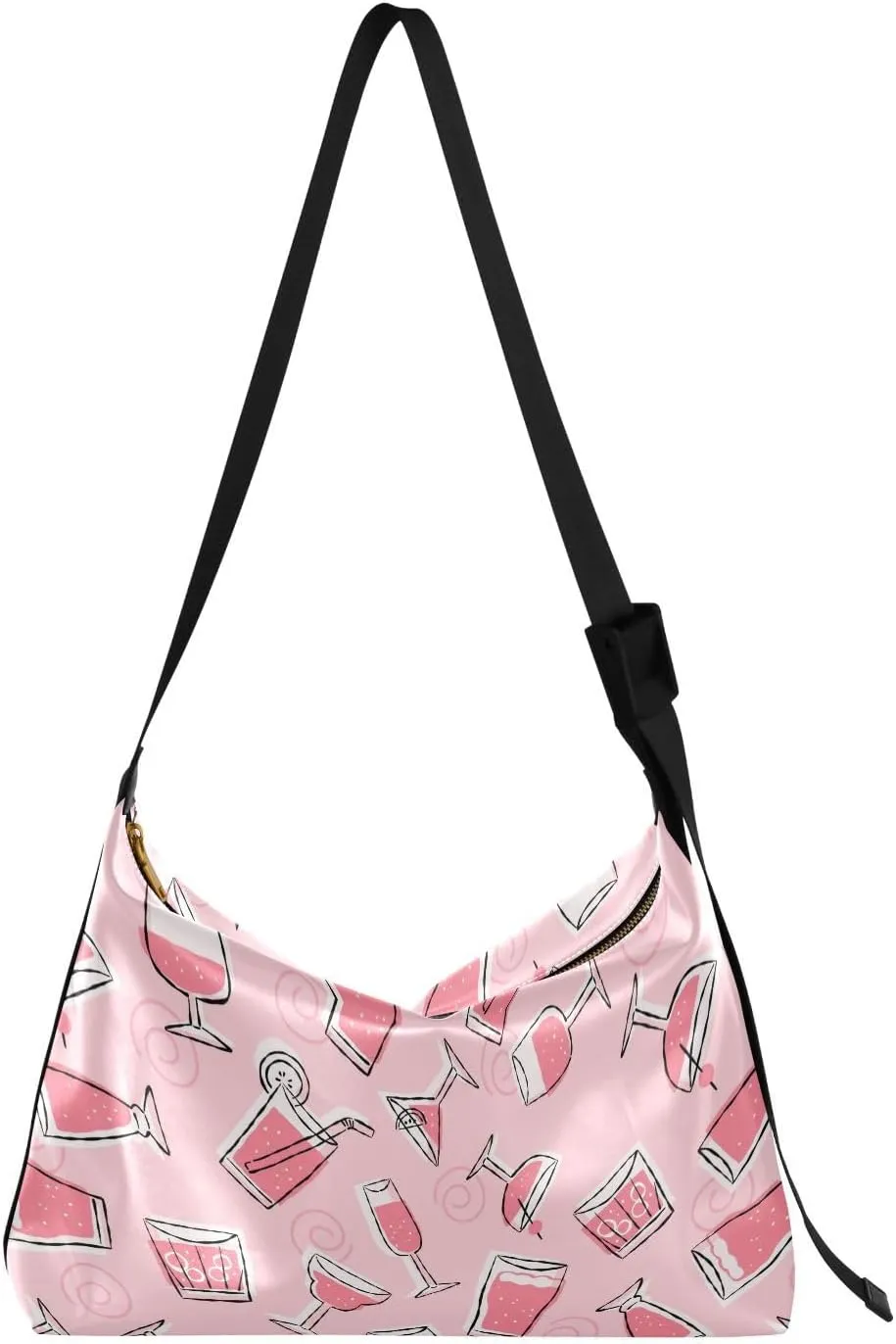 Pink Drinking Glass Hobo Crossbody Bags for Women Leather Large Shoulder Bag Cross Body Abstract Hand Draw Trendy Womens Tote Bags Handbag for Travel Shopping