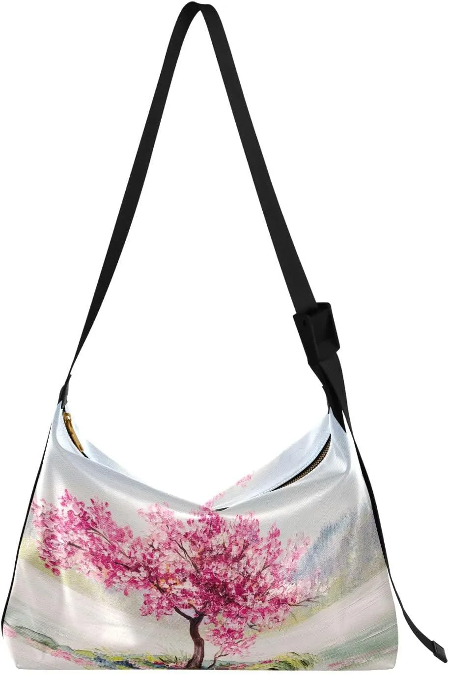 Pink Flower Tree Hobo Crossbody Bags for Women Leather Large Shoulder Bag Cross Body Spring Oil Painting Trendy Womens Tote Bags Handbag for Travel Shopping