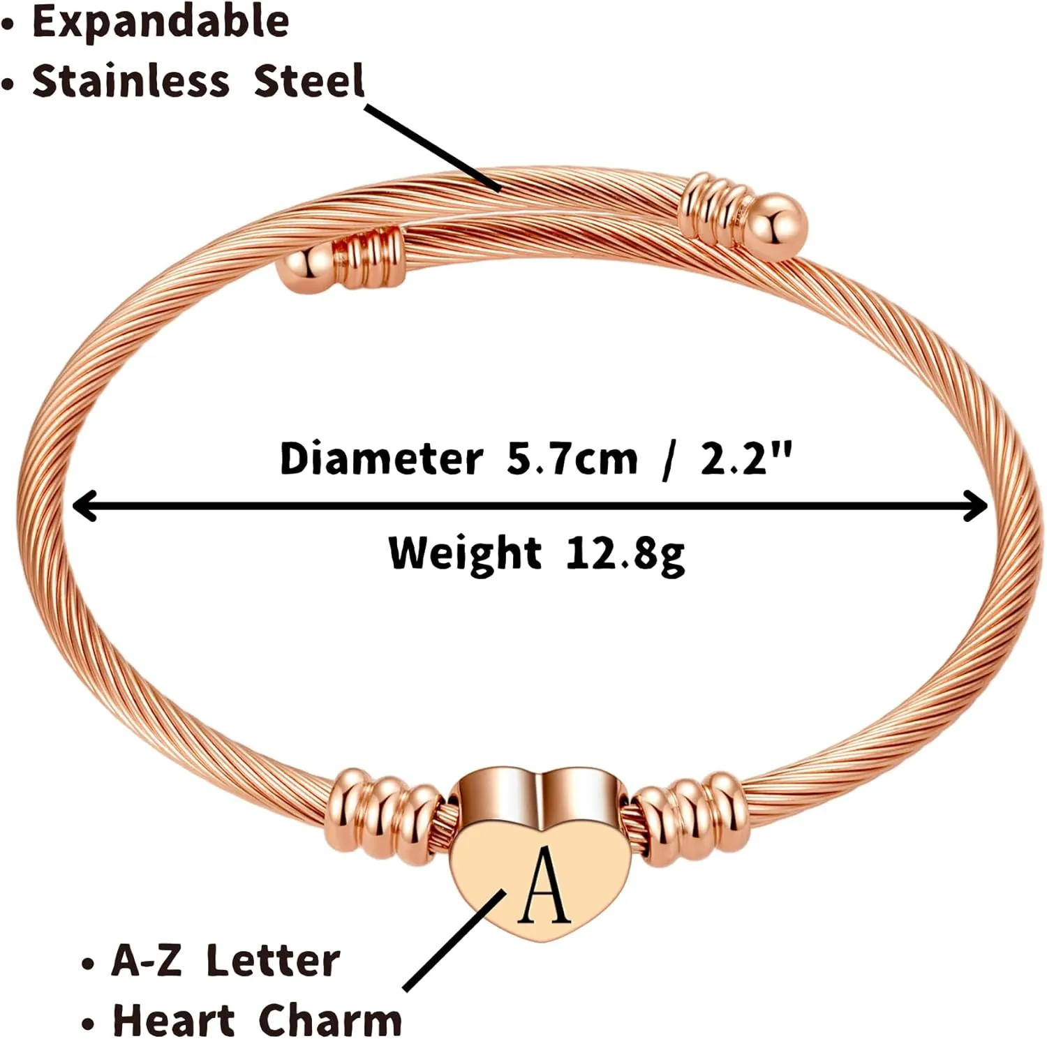 Pink Heart Initial A-Z Letter Bracelets Engraved Initial Charm Cuff Bracelets Expandable Stainless Steel for Women Jewelry
