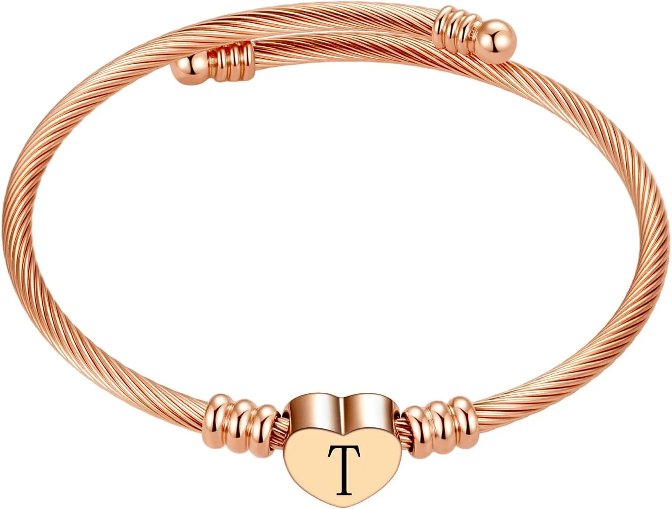 Pink Heart Initial A-Z Letter Bracelets Engraved Initial Charm Cuff Bracelets Expandable Stainless Steel for Women Jewelry
