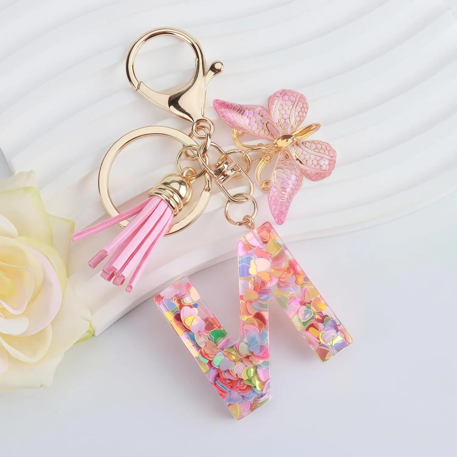 Pink Initial Letter Keychains for Women Girls Butterfly Tassel Cute Keychains Handbag Car Key Accessories Gift