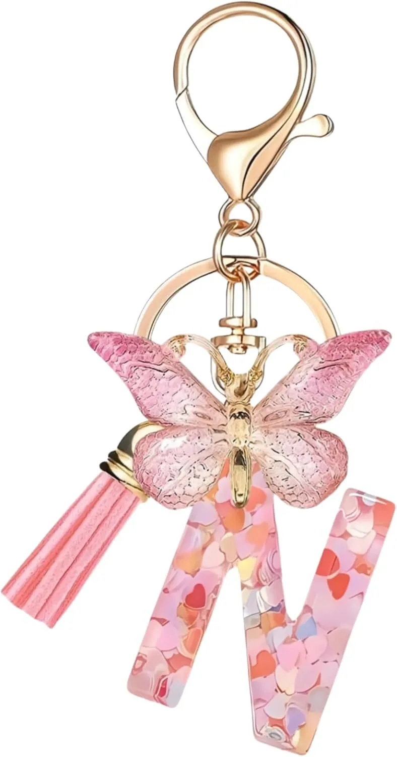 Pink Initial Letter Keychains for Women Girls Butterfly Tassel Cute Keychains Handbag Car Key Accessories Gift